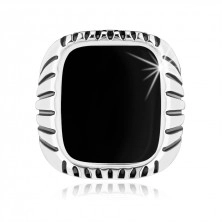 Ring aus 925 Silber, schwarze Streifen auf den Armen, Rechteck mit schwarzer Emaille