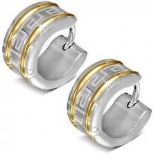 Silberne Stahlcreolen, zwei goldene Linien, griechischer Schlüssel