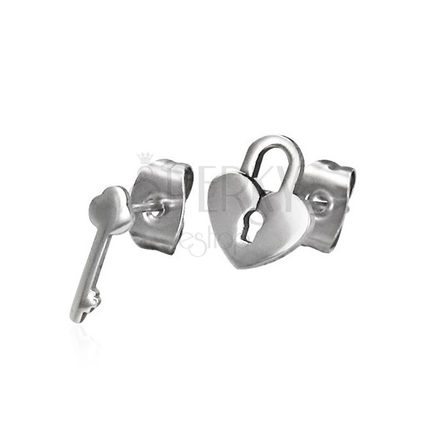 Glänzende Stahlohrstecker - unterschiedliche Formen - Schloss und Schlüssel