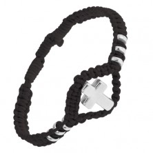 Einstellbares schwarzes Flechtarmband, glänzendes Stahlkreuz