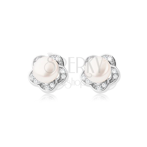 925 Silberohrstecker, klare Zirkonblume mit einer weißen Perle