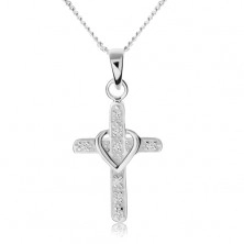 Halskette aus 925 Silber, Kreuz mit Zirkonen, Herzumriss