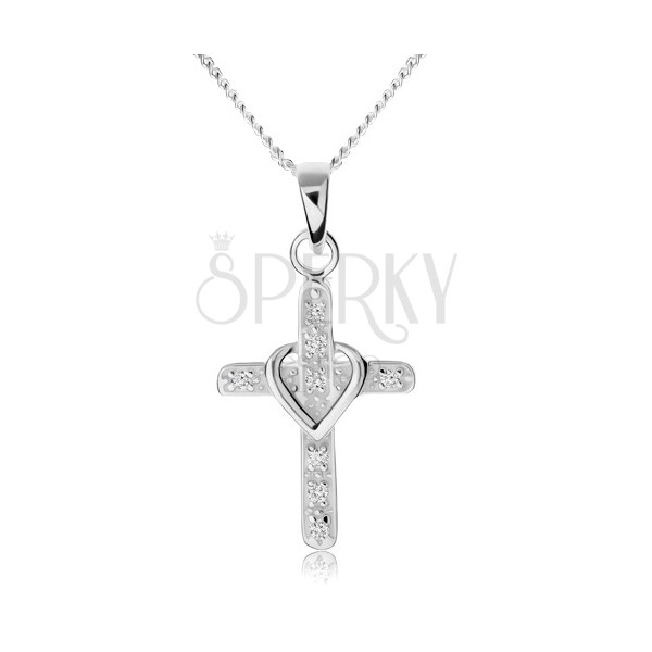 Halskette aus 925 Silber, Kreuz mit Zirkonen, Herzumriss