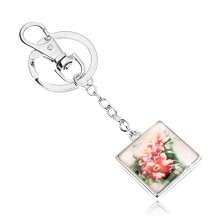 Schlüsselanhänger in Cabochonstil, Quadrat, blühende rosa Blumen