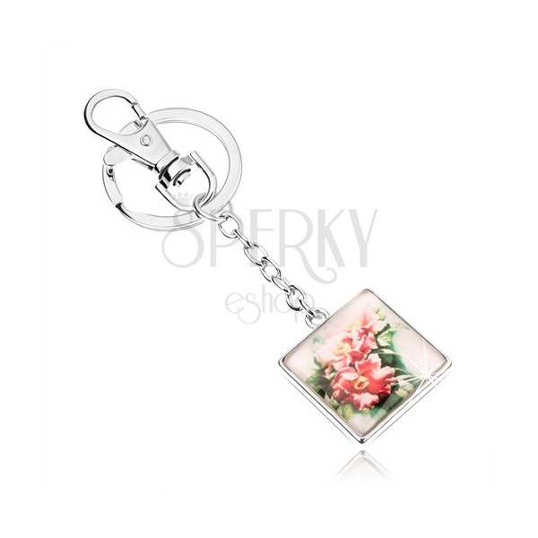 Schlüsselanhänger in Cabochonstil, Quadrat, blühende rosa Blumen