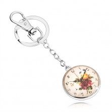 Schlüsselanhänger in Cabochonstil, klares gewölbtes Glas, Uhr mit Blumen