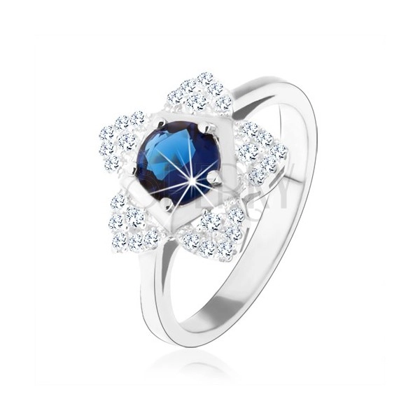 Verlobungsring aus 925 Silber, glitzernde Blume, blauer runder Zirkon