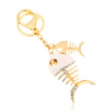 Goldener Fishbone Schlüsselanhänger, weiße Glasur, Zirkone
