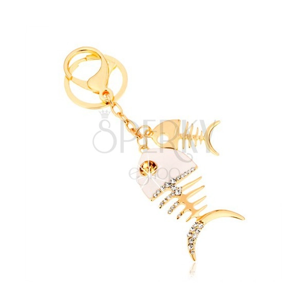 Goldener Fishbone Schlüsselanhänger, weiße Glasur, Zirkone