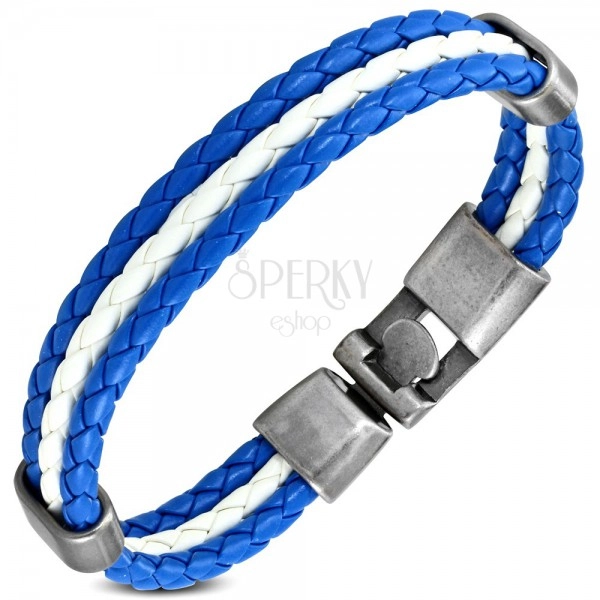 Blau-weißes Kunstlederarmband, drei Streifen in Zopfmuster, bewegliche Ovale
