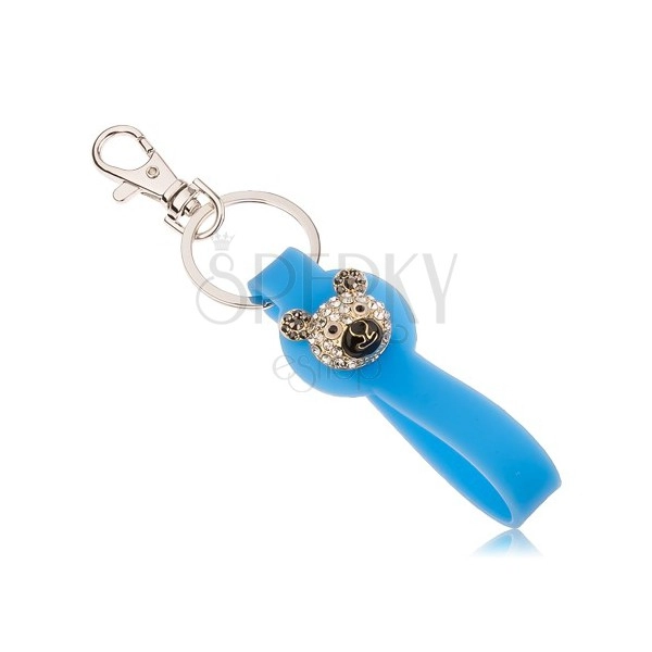 Silberfarbener Schlüsselanhänger, blauer Silikonanhänger, glänzender Bärenkopf