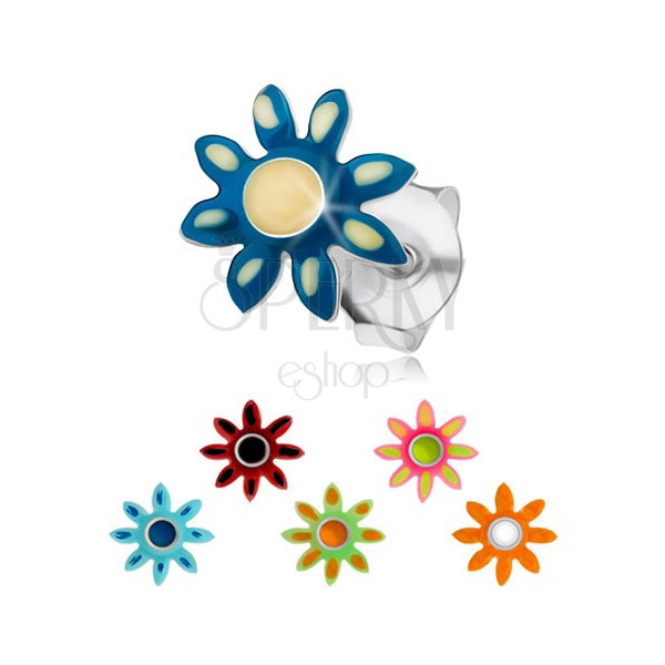 Silberohrstecker 925, Blume mit bunter Glasur, gewölbte Mitte