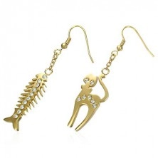 Goldfarbene Ohrringe aus Chirurgenstahl - Katze und Fischgräte, klare Zirkonia