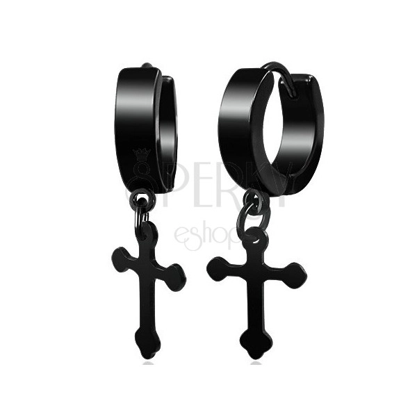 Schwarze glänzende Ohrringe, Stahl 316L, Kreuz mit Kleeblume