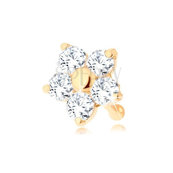 Goldenes 585 Piercing für die Nase - gerade, glitzernde Blume aus klaren Zirkonen