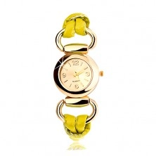 Armbanduhr, Armband aus gelbem Latex, rundes goldfarbenes Zifferblatt