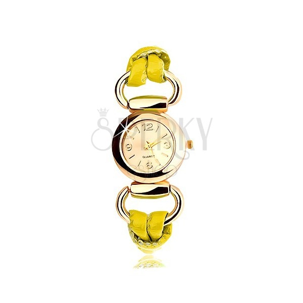 Armbanduhr, Armband aus gelbem Latex, rundes goldfarbenes Zifferblatt