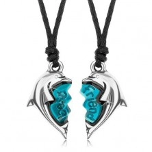 Zwei Halsketten, geteiltes Herz mit glänzenden Delfinen, Aufschrift - best friend