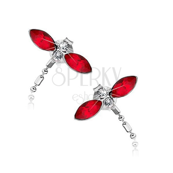925 Silberohrstecker, Libellen mit roten Flügeln, Swarovski Kristalle