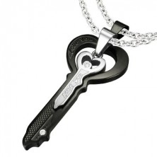 Stahlanhänger fürs Paar, schwarzer und silberfarbener Schlüssel, Zirkone, Aufschrift