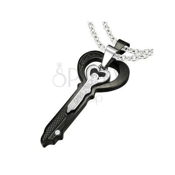 Stahlanhänger fürs Paar, schwarzer und silberfarbener Schlüssel, Zirkone, Aufschrift