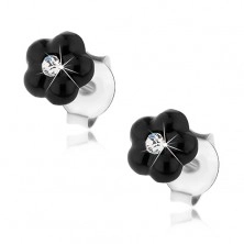 Silberne 925 Ohrstecker, schwarze Blume, klarer Swarovski Kristall