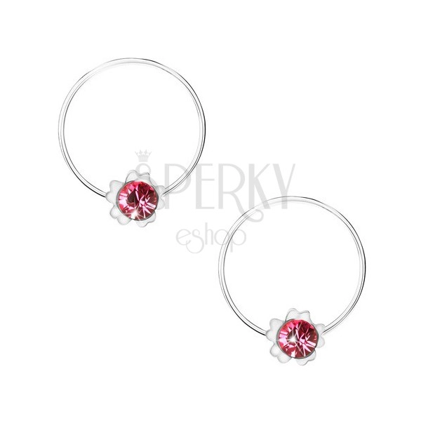 Creolen aus 925 Silber, rosafarbene Blume, runder Swarovski Kristall
