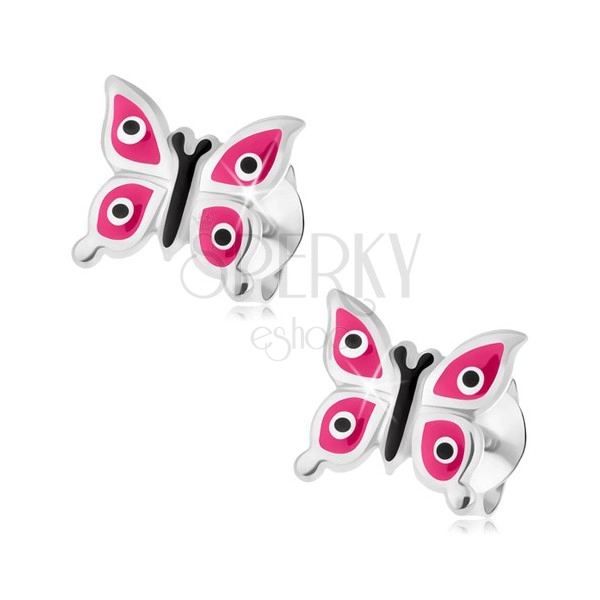 925 Silberohrstecker, glänzender Schmetterling mit rosa Flügeln, schwarz-weiße Punkte