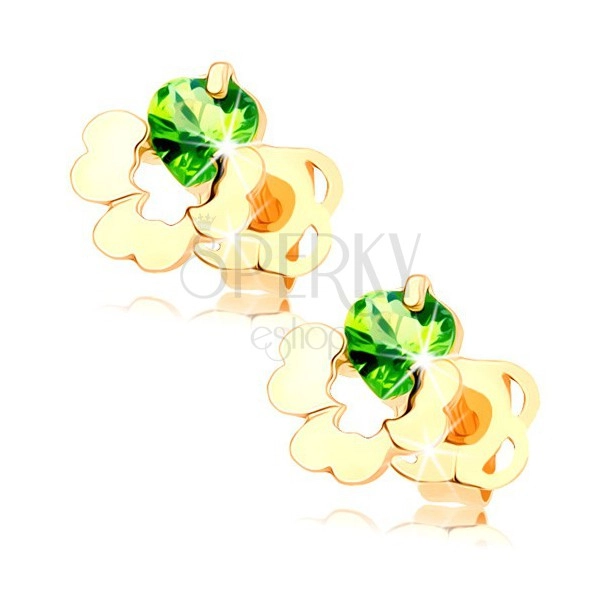 14K Gelbgoldohrstecker - Kleeblatt mit Ausschnitt, grüner Zirkon