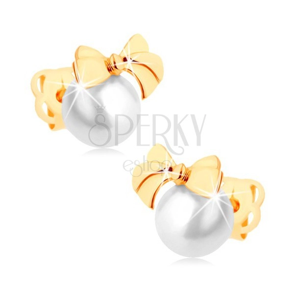 Ohrstecker aus 14K Gelbgold - glänzende Schleife, weiße runde Perle