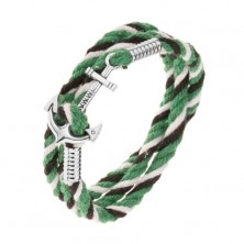 Armband aus schwarzen, weißen und grünen Kordeln, silberfarbener Anker