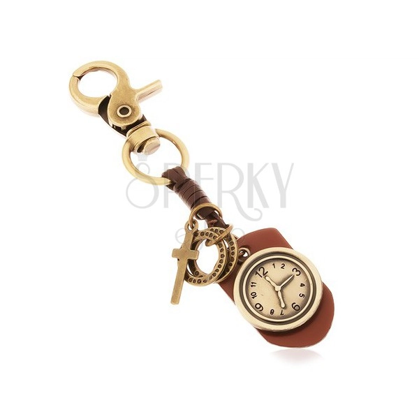 Messingfarbener Schlüsselanhänger, Kunstleder mit Uhr, Kreisen und Kreuz