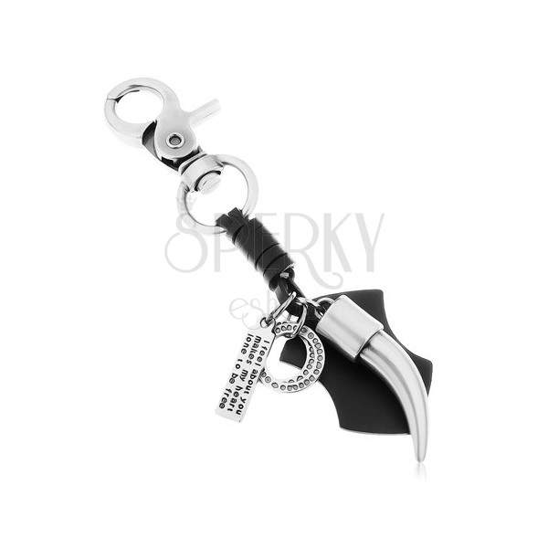 Stahlgrauer Schlüsselanhänger, Eckzahn, Siegel mit Aufschrift, Kunstleder