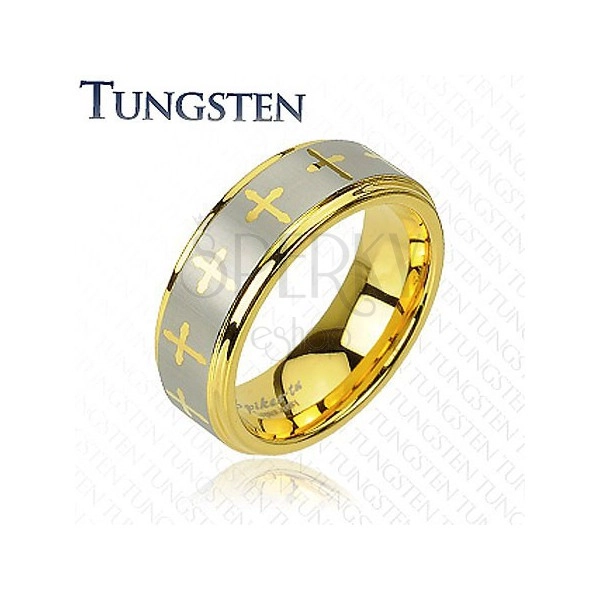 Tungstenring in goldener Farbe, Kreuze und silberfarbener Streifen, 8 mm