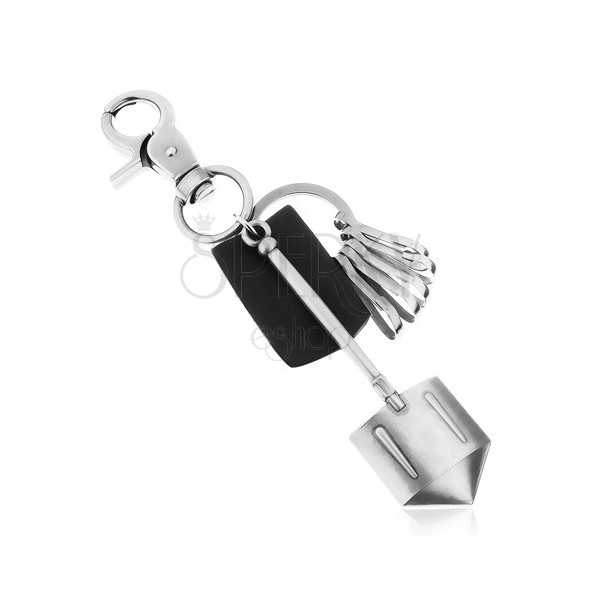 Schwarz-grauer patinierter Schlüsselanhänger, Leder und Schaufel