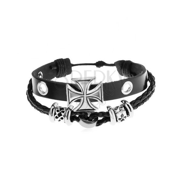 Schwarzes Armband aus Kunstleder, Stahlschmuckperlen, Malteser Kreuz