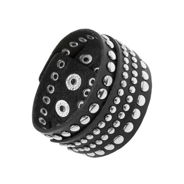 Breites Armband aus schwarzem Kunstleder, mit runden glänzenden Nieten