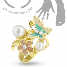Einstellbarer Ring für Finger oder Zehe, goldfarbener Schmetterling, Blume, Perlen
