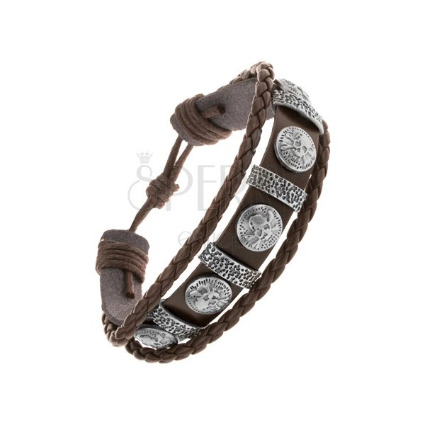 Armband aus dunkelbraunem Kunstleder, Stahlovale und Scheiben mit Schädel