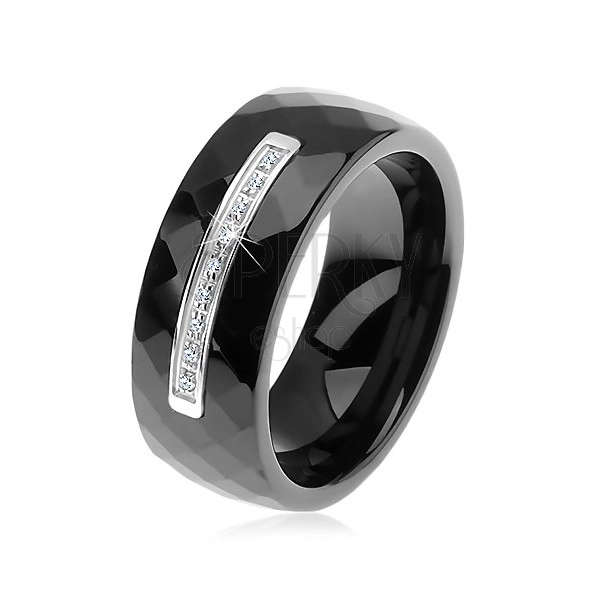 Ring aus schwarzer Keramik mit geschliffener Oberfläche, Stahlstreifen, Zirkone