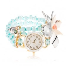 Armbanduhr aus durchsichtigen blauen Schmuckperlen, Zifferblatt mit Zirkonen, Blume