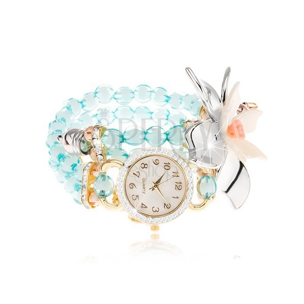 Armbanduhr aus durchsichtigen blauen Schmuckperlen, Zifferblatt mit Zirkonen, Blume