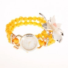 Armbanduhr aus durchsichtigen gelben Schmuckperlen, Zifferblatt mit Zirkonen, Blume