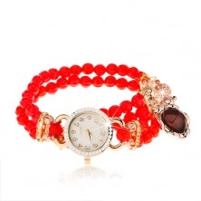 Armbanduhr, rotes Schmuckperlenarmband, Herz, Zifferblatt mit Zirkonen