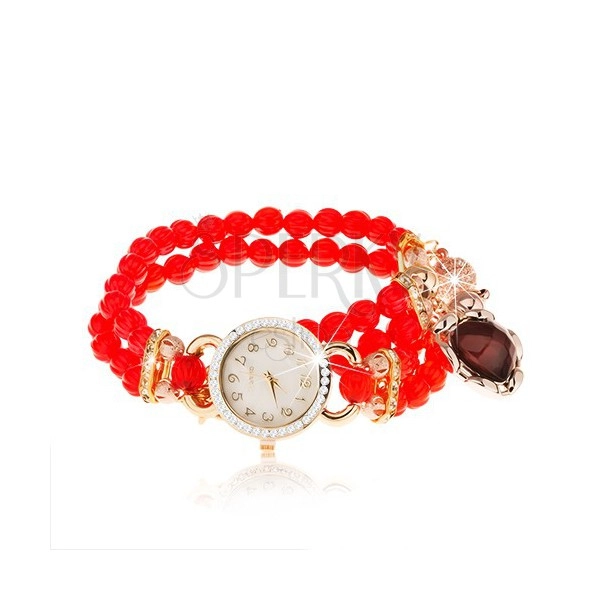 Armbanduhr, rotes Schmuckperlenarmband, Herz, Zifferblatt mit Zirkonen