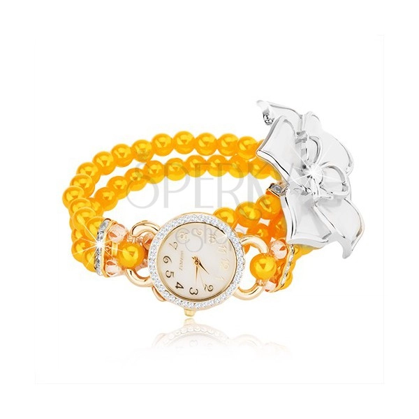 Uhr mit gelbem Schmuckperlenarmband, weiße Blume, Zifferblatt mit Zirkonen