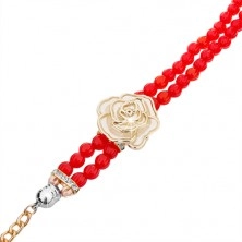 Analoguhr, Zifferblatt mit Zirkonen, Armband aus roten Schmuckperlen, weiße Rose