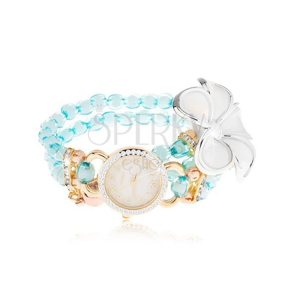 Uhr mit blauem Schmuckperlenarmband, weiße Blume, Zifferblatt mit Zirkonen