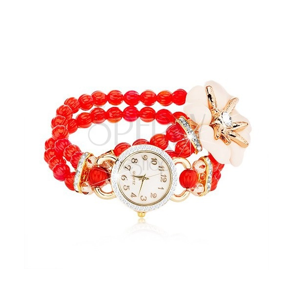 Armbanduhr aus roten Schmuckperlen, Zifferblatt mit Zirkonen, weiße Blume