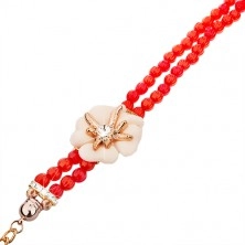 Armbanduhr aus roten Schmuckperlen, Zifferblatt mit Zirkonen, weiße Blume